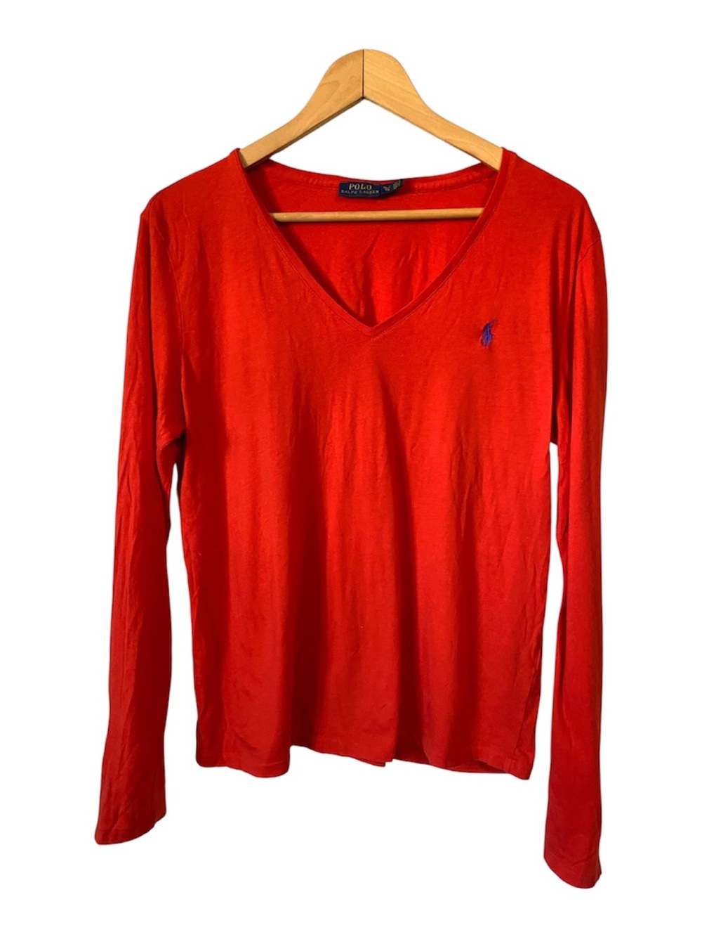 Polo Ralph Lauren Red orange V-Neck Long Sleeve Tee Shirt Cotton Pony Logo XL